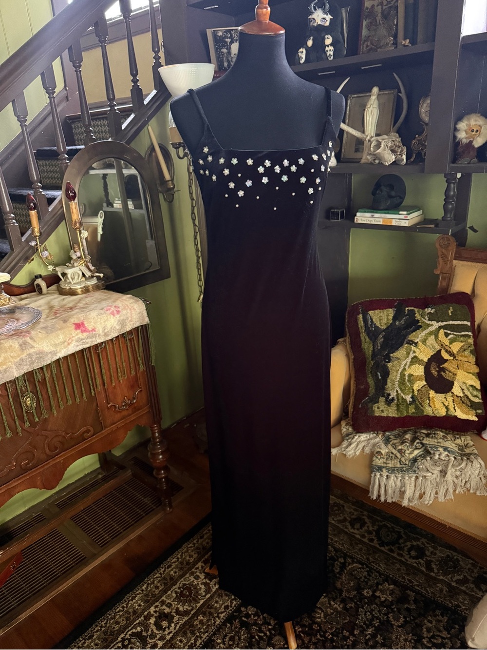 Vtg velvet Black Embellished Slip Dress